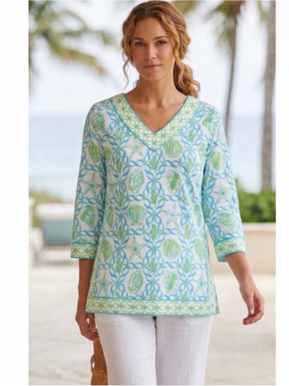 Gretchen Scott Coastal Tunic Top Seashell Starfish Print 3/4 Sleeve Resort S